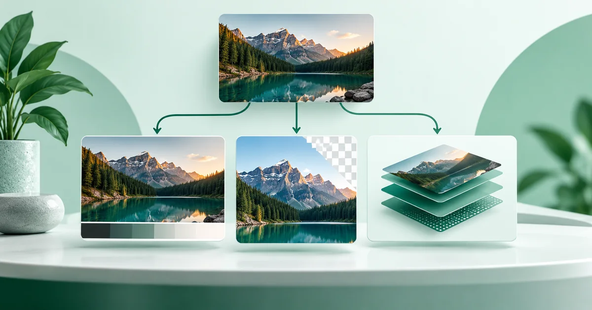 One landscape image branching into photographic, transparent, and compact layered format treatments