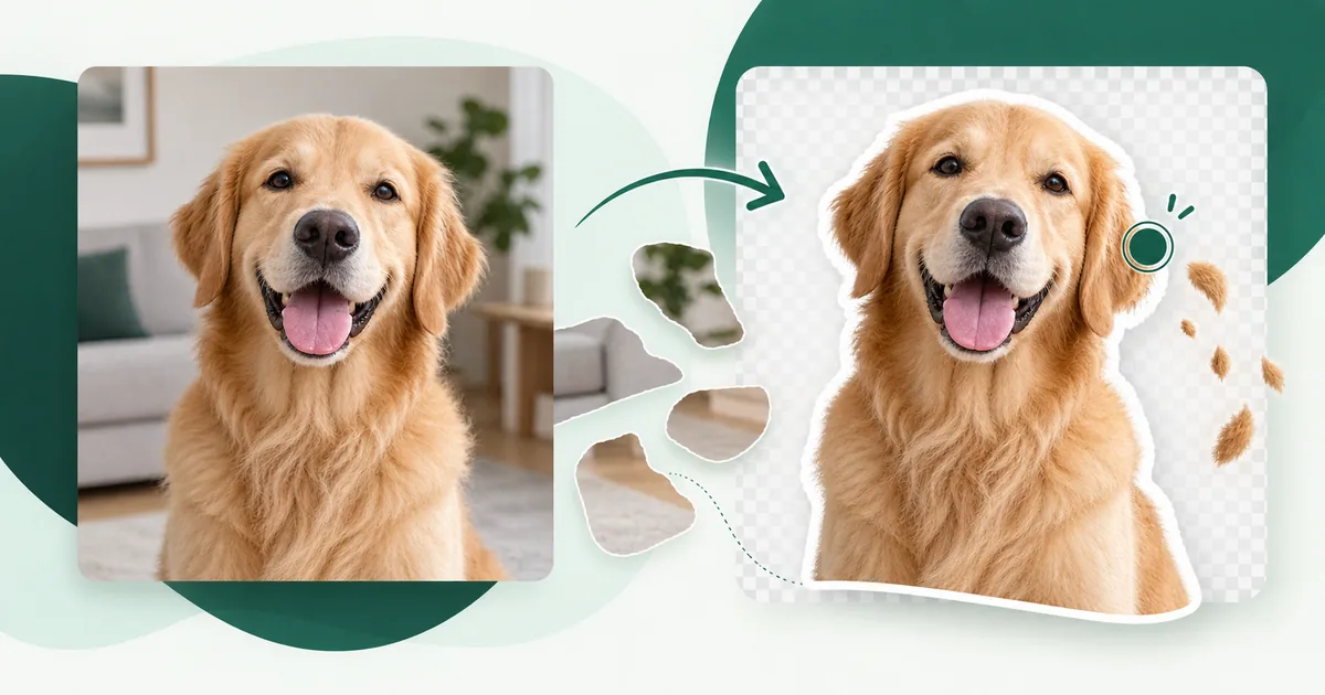 A golden retriever photo becoming a clean cutout on a transparent background