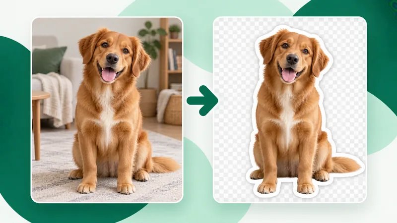 A dog photo before and after its room background is replaced by transparency