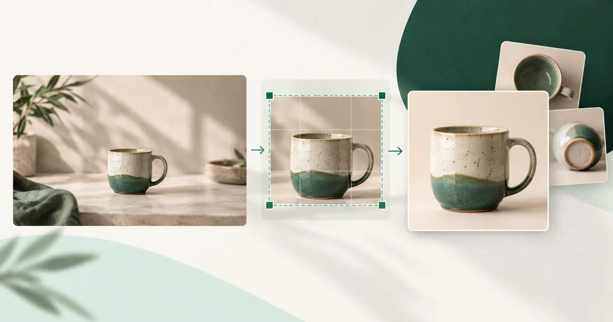 A ceramic cup photo moving through a square crop into a polished catalog image