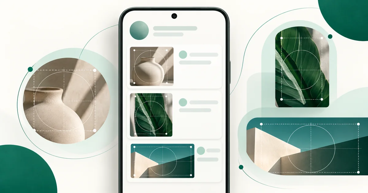 Abstract channel feed with circular, square, portrait, and landscape image crop guides