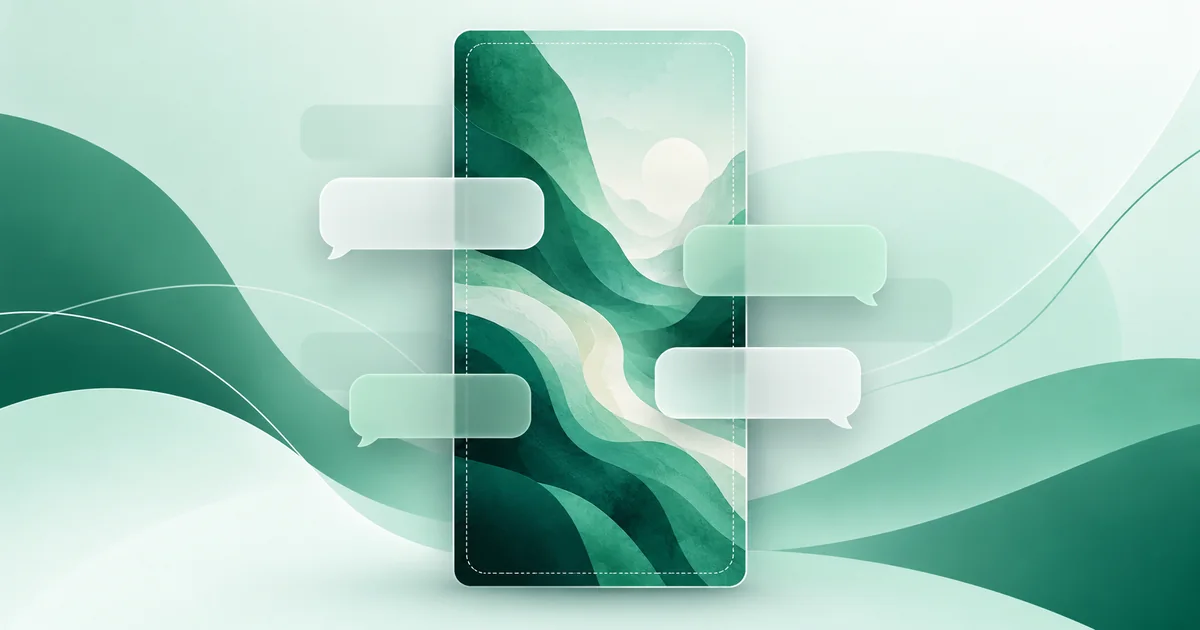 A tall abstract green wallpaper framed by translucent generic message shapes