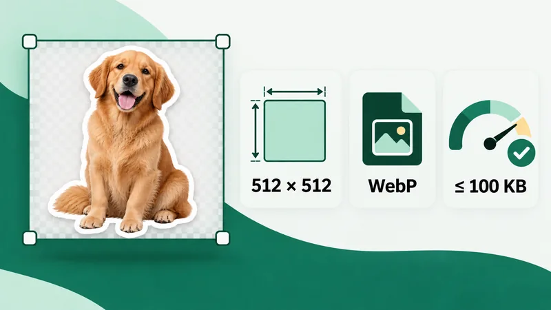 WhatsApp sticker export checklist showing 512 by 512 pixels, WebP and a 100 KB maximum
